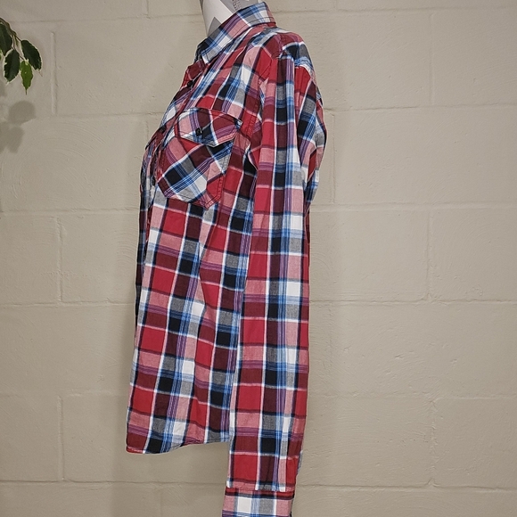 Carbon Western Red Blue Plaid Long Sleeve Button Down Shirt Men's Size M Medium - Picture 2 of 11